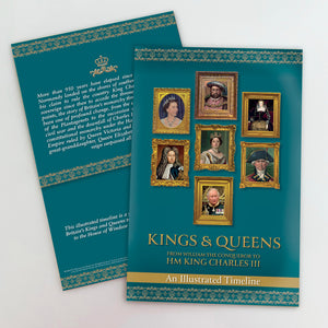 'Kings & Queens - William The Conqueror to HM King Charles III' Illustrated Timeline - SCHOOLS' EDITION.  PACK OF 20: £70. PACK OF 10: £36